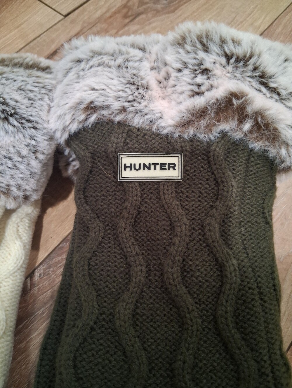 Hunter Grey & Creme Cable-Knit Socks with Light Gray Faux Fur Cuff - Picture 7 of 7